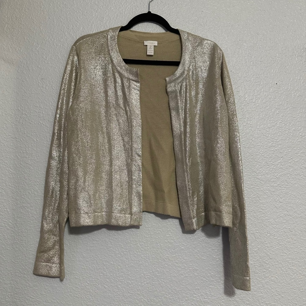 Chicos Metallic Gold Open Front Cardigan Sweater Cotton Knit Size 2 L Large